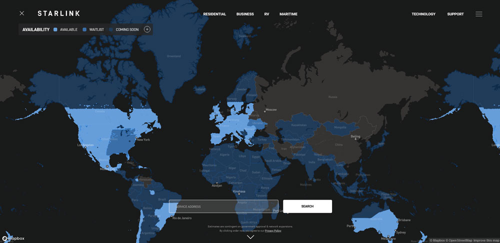 نقشه مناطق تحت پوشش اینترنت ماهواره ای استارلینک